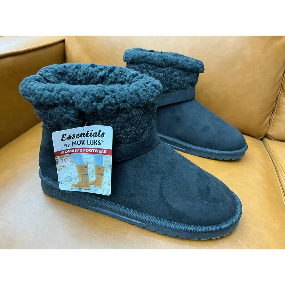 Muk Luks Ankle Boots Womens 10 Ebony New Faux Suede Fur Knit Trim